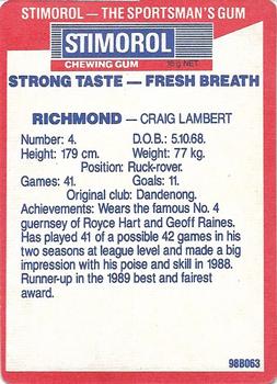 1990 AFL Scanlens Stimorol #165 Craig Lambert Back